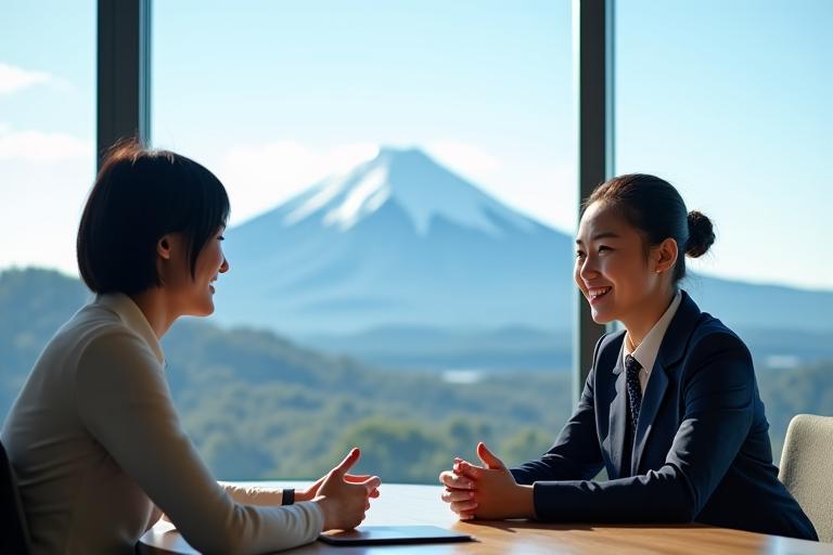 日本の山々を背景にしたモダンなオフィスで働くフレンドリーな旅行アドバイザー