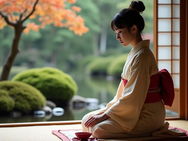 茶道に参加する日本人女性 - 緑豊かな庭園を背景に