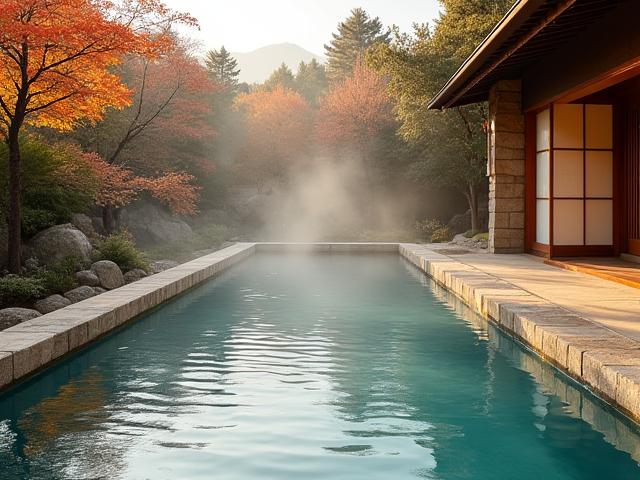 美しい庭園を望む高級旅館の露天風呂