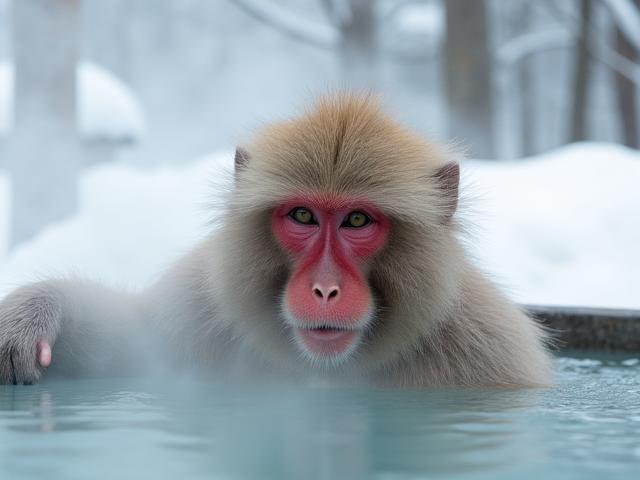 雪の中で温泉に入るニホンザル