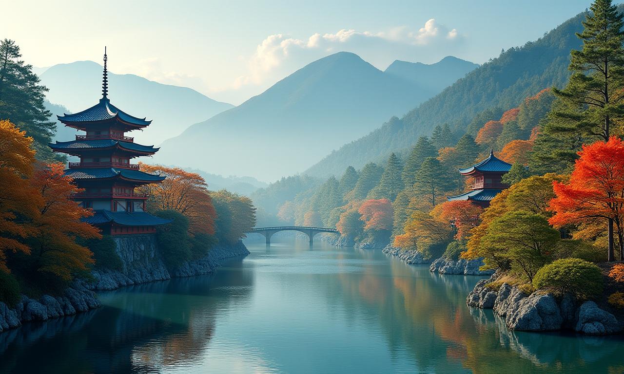 日本の美しい風景のモンタージュ - 雄大な山々、静かな寺院、豊かな森、海岸線