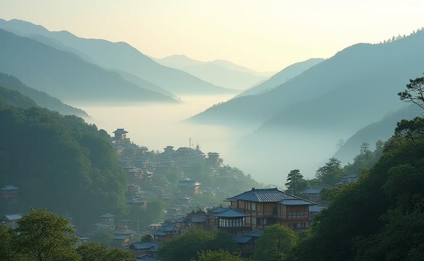 朝霧の中の日本の山村