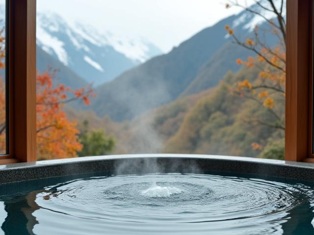 露天風呂から見える日本の紅葉した山の景色