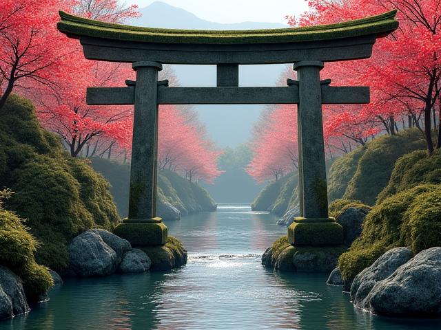 日本の山岳地帯と伝統的な寺院の美しい風景