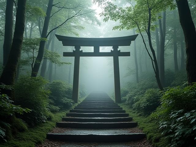 霧に包まれた日本の古道と鳥居