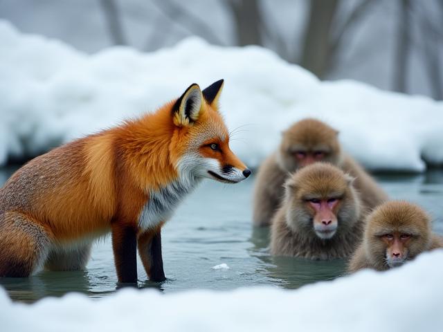 雪の中で温泉に入る日本のサル